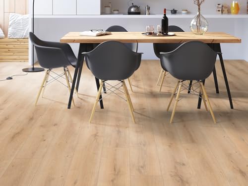 BASICfloor Beige 8mm Laminatboden Landhausdiele, Lifestyle Trend Bellemont Oak Eiche Optik, Nutzungsklasse 23 32, Klickversiegelung, Feuchtraumgeeignet, Fussbodenheizungskompatibel | 1 Stk. ca. 2,2...