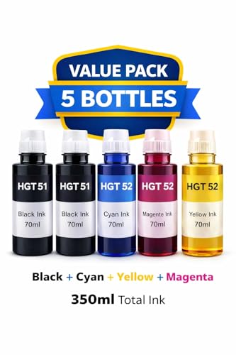 Image of ROHINK GT51 GT52 Ink Refill Dye Ink Compatible with HP Ink Tank 115, 310, 315, 319, 410, 415, 416, 419, 455, 500, 515, 530, 615, GT 5810, GT 5811, GT 5820 (Pack 5 (2*Black + 3* CYM))