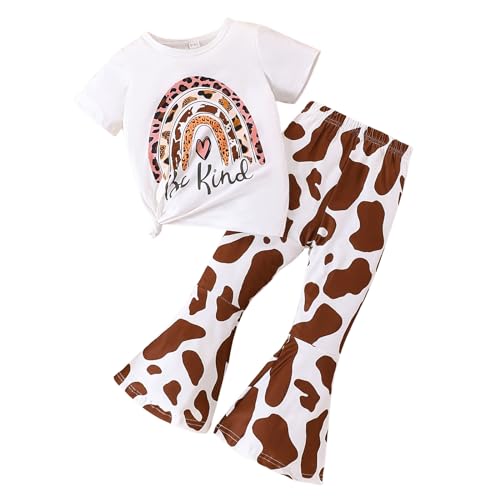 Image of Ayzozuy Kids Toddler Girl Clothes Letter Print Graphic Top + Leopard Print Flare Leg Pants 2PC Summer Clothing Set