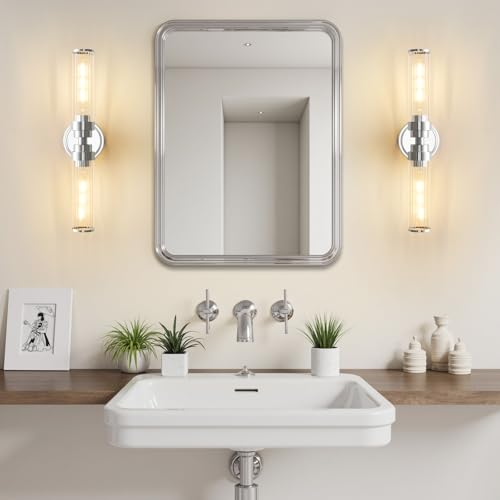 Image of Bathroom Light Fixtures, Chrome Wall Sconce in Threaded Glass Indoor Vanity Lights, Modern Bathroom Vanity Light Up and Down Sconces Wall Lighting for Bathroom, Living Room - Bulb Not Included