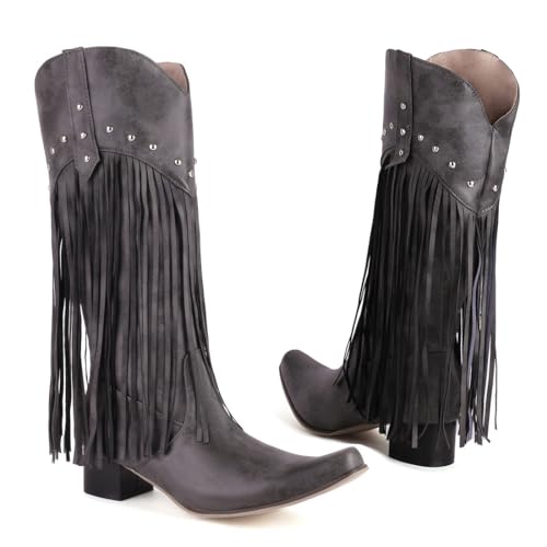 Image of KiutSymo Mid Calf Fringe Boots For Women Cowboy Pointed Toe Chunky Heels Cowgirl Western Tassel Boots
