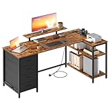 VASAGLE Scrivania Angolare a L con Prese di Corrente, Scrivania da Gaming, Layout Reversibile, Ripiani Regolabili, 4 Cassetti, 2 Porte USB, Studio Ufficio, 160 x 80 cm, Marrone Vintage LWD173KD01