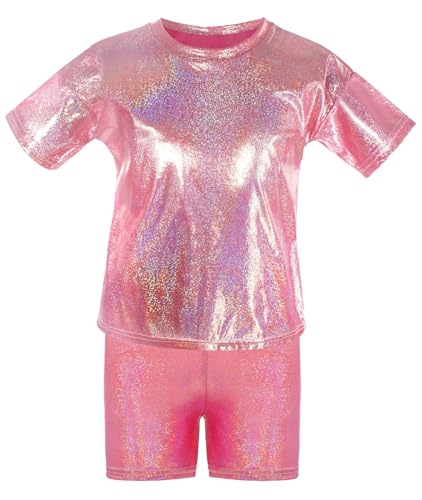 SEAUR Kids Girls Boys Metallic Shirt with Shiny Shorts Hip Hop Tops Sparkly T Shirts Modern Jazz Dance Party Performance Costume Red 4-5Y