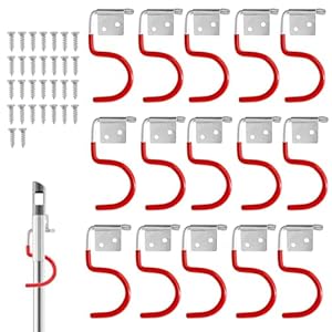 GANILITY Gartengerätehalter Metallhaken, 15 Stück Rot Haken Besenhalter Werkzeughalter mit 30 Stück Schrauben, Gartengeräte Aufhängung mit Anti Rutsch Gummierung, für Garagen, Keller, Geräteschuppen