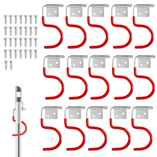 GANILITY Gartengerätehalter Metallhaken, 15 Stück Rot Haken Besenhalter Werkzeughalter mit 30 Stück Schrauben, Gartengeräte Aufhängung mit Anti Rutsch Gummierung, für Garagen, Keller, Geräteschuppen