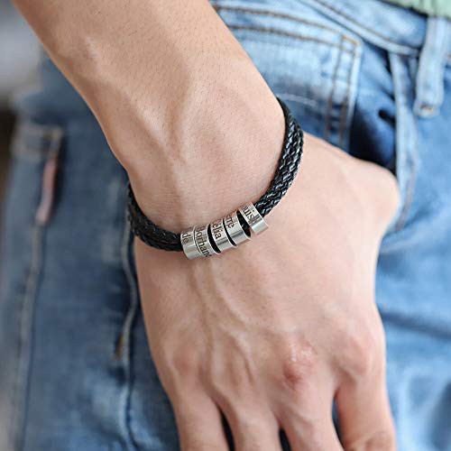 Mens Leather Bracelets With 1-8 Engraved Beads Name, Custom Name Braid Bracelet Personalized Men's Id Bracelet Father's Day Gifts For Dad, Grandpa #TOP1