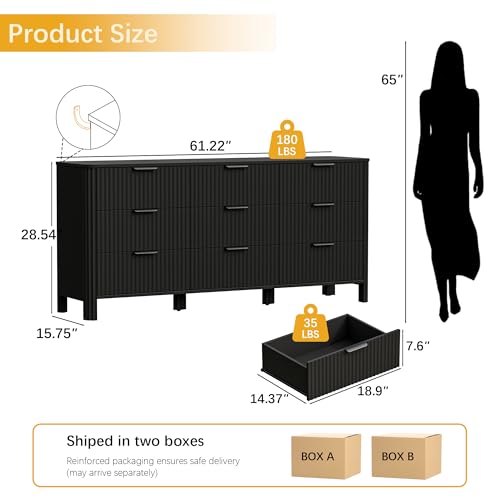 Image of Wodeer 9 Drawer Black Dresser for Bedroom, 62 inch W Wood Storage Cabinet with Fluted Design, Modern Chest of Drawers & TV Stand for Living Room, Nursery Clothing Organizer with Metal Slides, Anti-Tipping
