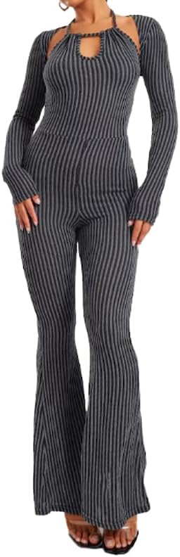 Molilove Womens Sexy Jumpsuit Slim Fit Ribbed Romper Cutout Backless Long Sleeve Flare Pants Dressy One Piece Outifts