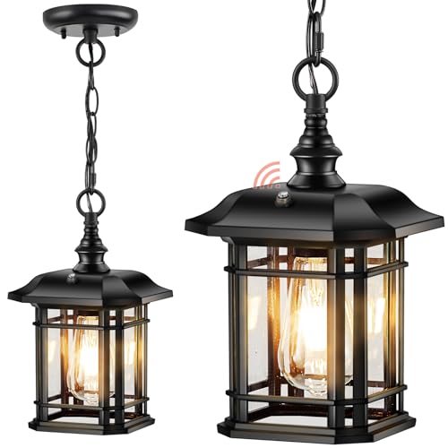 Image of Gleamz Dusk to Dawn Outdoor Pendant Lights for Porch, Black Hanging Exterior Light, Outside Chandelier with Adjustable Chain, Outdoor Hanging Lights for House, Doorway, Easy Installation, 1 Pack