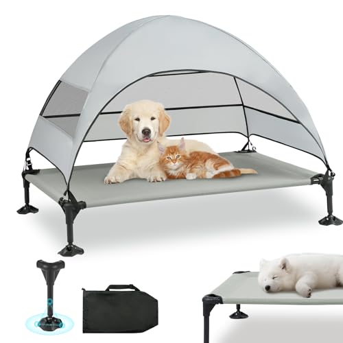 Snagle Paw Hundeliege mit Dach,Erhöhtes Hundebett mit Stabile Anti Rutsch Füße,Breiterer Schatten Hundeliege Outdoor,Wasserfest Hundebett mit Dach Grosse Hunde Camping Indoor & Outdoor