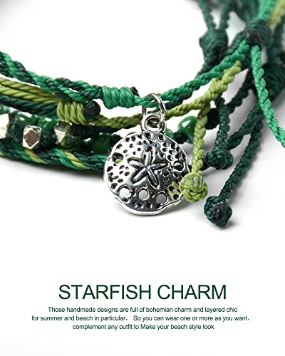 Mezcla Vida Bohemian Starfish Coin Charm Silver Zinc Beaded Waterproof Rope Surfing Bracelets Sets For Women Teen Girls, Beach Handmade String Jewelry (Green) #TOP4