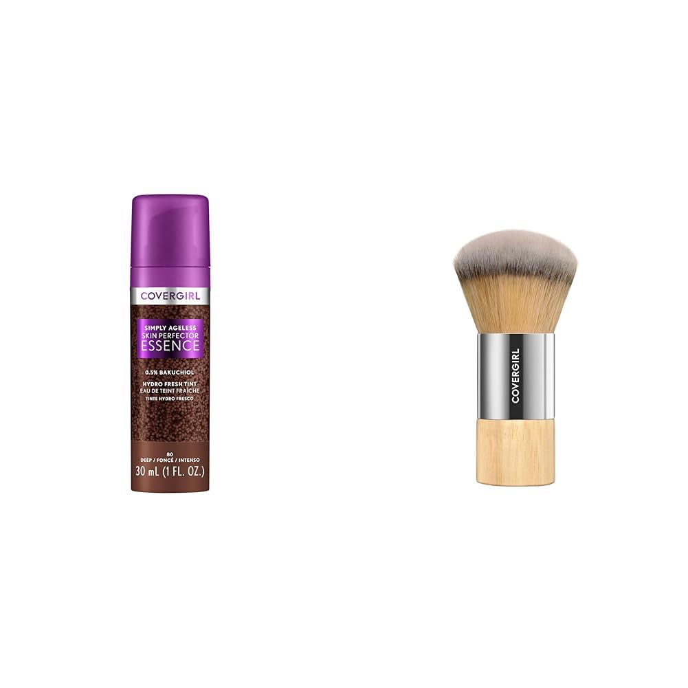 Covergirl Simply Ageless 80 Deep Foundation, Blending Brush - Skincare Makeup with Bakuchiol & Tranexamic Acid Reduces Fine Lines & Fades Dark Spots