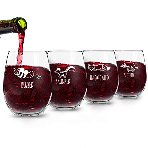 Funny Stemless Wine Glass Set | Animal Pack Set of 4 Glasses | Buzzed, Infoxicated, Skunked and Slothed | Novelty Glasses with Cute Sayings for Women, Her | Quality Made in USA - Thumbnail 3