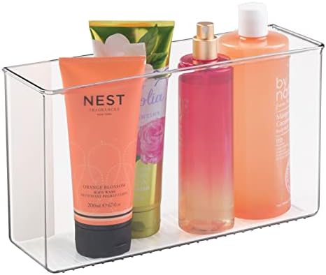 mDesign Hanging Organiser  Wall Mounted Storage for Toiletries, Cosmetics and Bathroom Products  Self-Adhesive Plastic Storage Tray  Clear