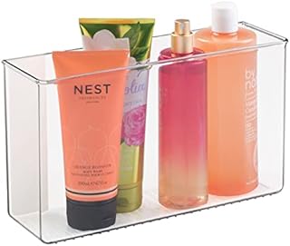 mDesign Hanging Organiser  Wall Mounted Storage for Toiletries, Cosmetics and Bathroom Products  Self-Adhesive Plastic Storage Tray  Clear