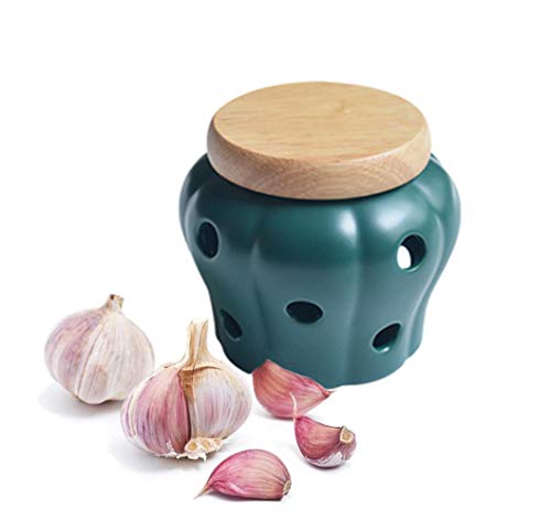 Mornenjoy Garlic KeeperCeramic Macaron Tone Garlic Jar Hollow Pumpkin Garlic Vented Storage Container Garlic Cellar Pot with Bamboo Lid Teal green