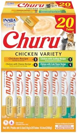 INABA Churu Cat Treats, Grain-Free, Lickable, Squeezable Creamy Purée Cat Treat/Topper with Vitamin E & Taurine, 0.5 Ounces Each Tube, 20 Tubes, Chicken Variety Box