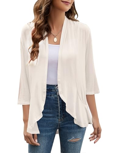 Image of Yekaty Women Cardigan 3 /4 Sleeves Open Front Lightweight Cardigan Draped Ruffles Knit Cardigan
