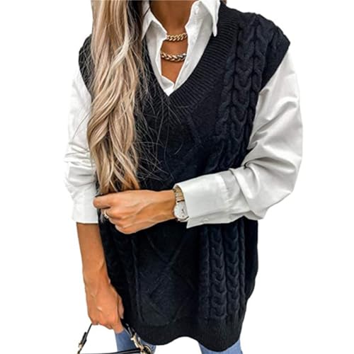 Oversized Cable Knit Sweater Vest for Women V Neck Sleeveless Solid Color Loose Pullover Sweaters Loose Trendy Tops