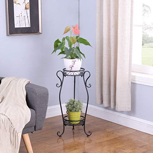 DAZONE Metal 2 Tiers Plant Stand Indoor Floor Model Potted Plant Stand (Black)