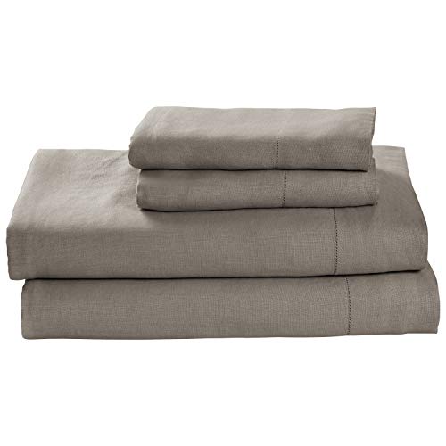 Amazon Brand – Stone & Beam Belgian Flax Linen Bed Sheet Set, Breathable and Durable, King, Smoke