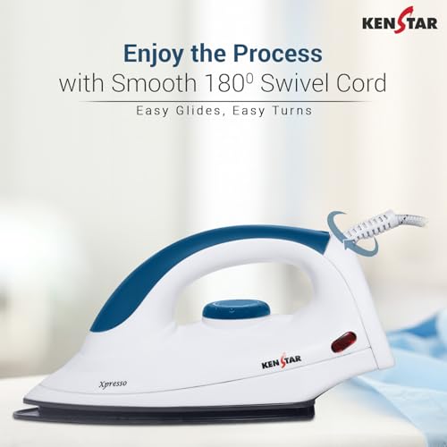 Image of Kenstar XPRESSO 1000W Dry Iron | Non-Stick PTFE Soleplate | Auto Cut-Off & Fabric Selector | 180 Swivel Cord | Blue & White