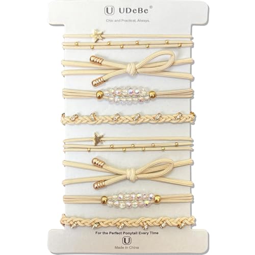 8 Pack Elegant Hair Ties with Gold Beads, Stars, and Crystal – Beige Thin Elastic Ponytail Holders for Women – Chic No Damage Hair Accessories for Al Hair Types