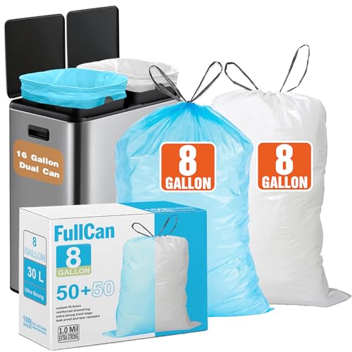 Image of Dual Trash Can Bags for Dual Compartment Trash Can (2 x 8 Gallon /2 x 30 L) Pefect Fit Drawstring Kitchen Garbage Bags for Dual Trash Can White 50 Blue 50 (100 Count TOTAL)