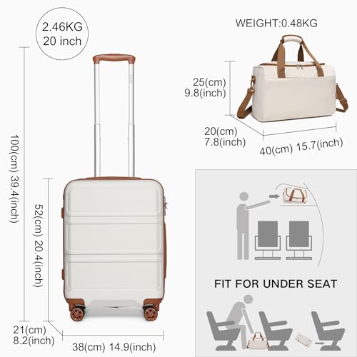 KONO 55cm Handgepäck-Koffer Trolley Set 2 Teilig Gepäcksets, Kleiner Koffer mit Rollen Handgepäck Set mit Ryanair Reisetasche 40x20x25cm, Cremeweiß