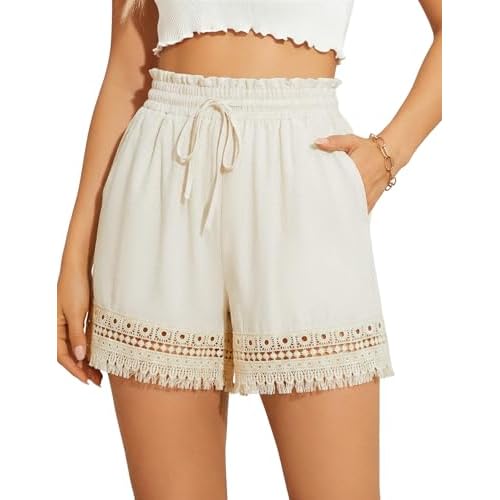 AKEWEI Womens Elastic High Waist Cotton Shorts Casual Ladies Drawstring Lace Summer Beach Shorts