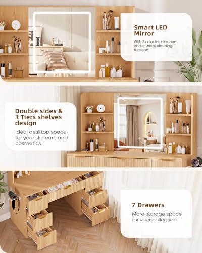 Image of LIVELYGLOW 43 inch Large Natural Wood Makeup Vanity Desk with Charging Station | Fluted Design, Smart LED Mirror, Hairdryer Holder, 7 Drawers
