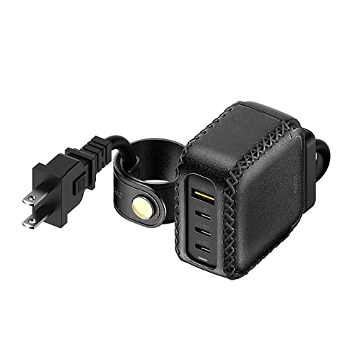 VogDUO 100W USB C Desktop Charging Station- 4 Port Foldable Plug GaN PD Fast Wall Charger Power Adapter with Leather 5ft Extension Cable for MacBook Pro, iPad Apple Watch, iPhone 14, 13, 12 (Black)