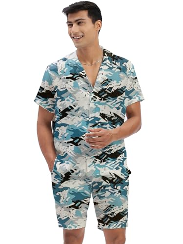 Image of Amazon Brand - Anarva Mens Camouflage Printed Co-ord Set | Half Sleeve Shirt and Shorts Set | Casual Summer Outfit for Beach, Travel, Vacation -