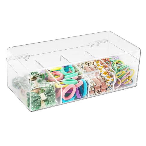 JessLab Hair Accessories Organizer for Girls Acrylic Hair Bow Tie Clip Scrunchie Holder with Dividers Clear Stackable Storage Box for Bathroom Bedroom Vanity Countertop (4 Compartment)