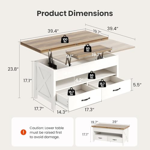 Amada Lift Top Coffee Table with Storage, Farmhouse Wood Coffee Table with Hidden Compartment, One Open Shelf and Two Drawers, Center Table for Living Room and Home Office, Brown & White