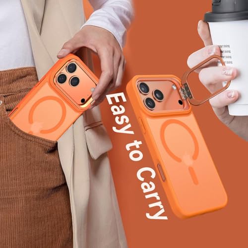Image of Elzzi Translucent Matte Kickstand Case for iPhone 17 Pro Max, Built-in Adjustable Camera Stand, Translucent Matte Magnetic Mag-Safe Shockproof Phone Cover (Orange)