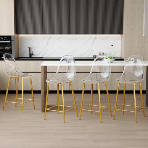 JEARGE Bar Stools Set for 4 Clear Bar Stools for Kitchen Island Acrylic Barstools Backrest with Metal Bracket BarStools Counter Height for Bar and Kitchen Island
