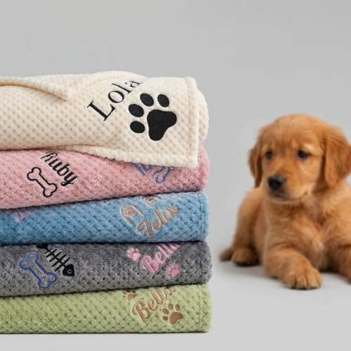 Solarix Personalized Dog Blanket Custom Embroidered Puppy Name & Paw Print Soft Waffle Fleece Cozy Blanket for Dogs & Cats Personalised Dog Gifts