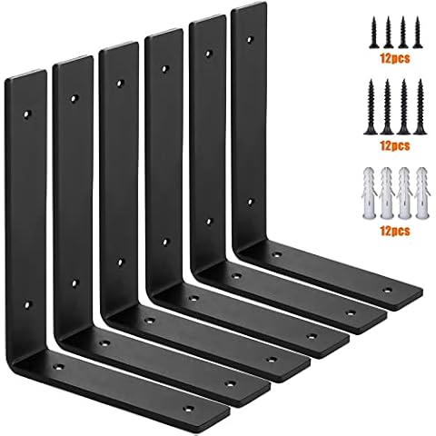 MLOQI Heavy Duty Shelf Brackets, 5mm Thick Premium Iron L Metal Brackets for Woods Black Shelf Brackets Rustic Vintage Brackets with Hardware 6 Pack (8" x 6") Cover