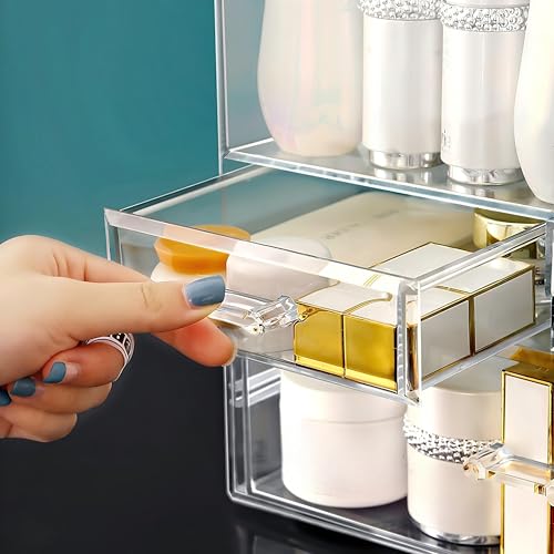Image of Clear Large Acrylic Makeup Organizer With Lid Cosmetic Storage Drawers Portable Makeup Organizers Dustproof And Waterproof Box For Women