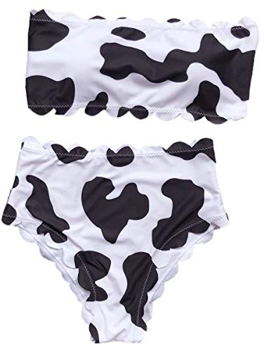MakeMeChic Women s Cow Print High Waisted Scallop Trim 2 Piece Bandeau Bikini Set Swimsuit Bathing Suit Black and White S