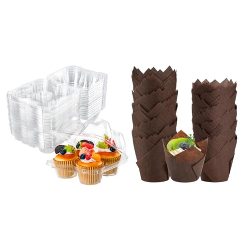 NPLUX Bundle of 40 Pack Cupcake Holders and 200PCS Brown Tulip Cupcake Liners for Parties Holidays Homemade Cupcakes and Bakery