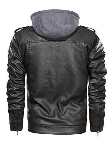 Hood Crew Men’s Black Stand Collar Warm Pu Faux Leather Zip-Up Motorcycle Jacket With A Removable Hood #TOP4