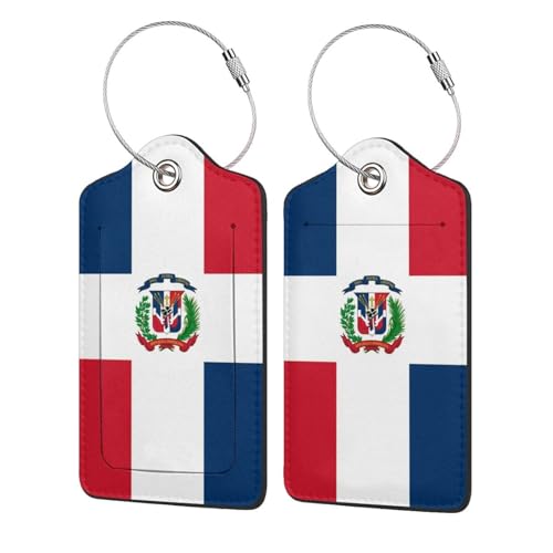 Flag of The Dominican Republic 2-Pack Leather Luggage Tag Set, Travel Luggage Tags with Privacy Id Label, Stainless Steel Ring and Address Card for Men and Women Travel