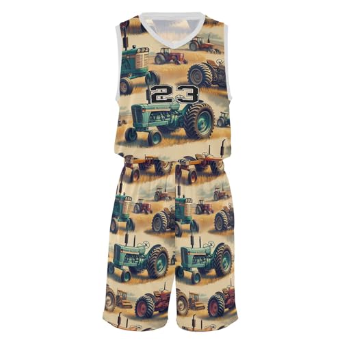 FLildon Vintage Farm Tractors Boys Basketball Jersey Set Tank Top Shorts Tracksuit Sport Training Suit for Kids, XL