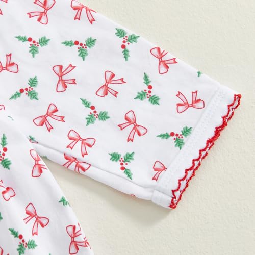 Newborn Baby Girl Christmas Footed Romper Holly Leaves Bow Print Peter Pan Collar Long Sleeve Smocked Jumpsuit4