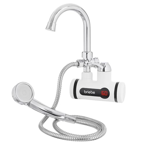 briebe Grifo/Ducha Calentador de Agua Eléctrico Instantáneo de Pared, Bajo Consumo, Grifo Baño Indicador Temperatura, Camping, Camper, Garaje, Agua Caliente al Instante Fácil Instalación
