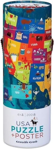 Crocodile Creek 200-Piece Jigsaw Floor Puzzle with Matching Poster - Fun Puzzles for Kids Ages 6-8 and Up - Heavy-Duty Storage Cylinder with Handle - USA Map - 19
