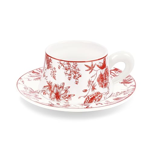 fanquare Coffee Cup and Saucer Set of 1, Red Floral Coffee Cup Sets, 260ml Retro China Tea Cups, Porcelain Cappuccino Cups for Latte Cafe Mocha or Tea, Baristas Gifts