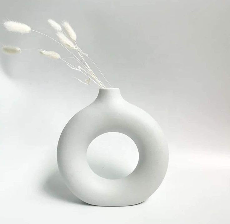 Image of 6 & 8 inch Inch White Ruf Ring 1 Pcs Ceramic Vase for Dinning Table| Vases for Home Dcor, Living Room Vase, Antique Home Dcor Vase, Living Room Flower Vase, Donut Vase (Only Vase)